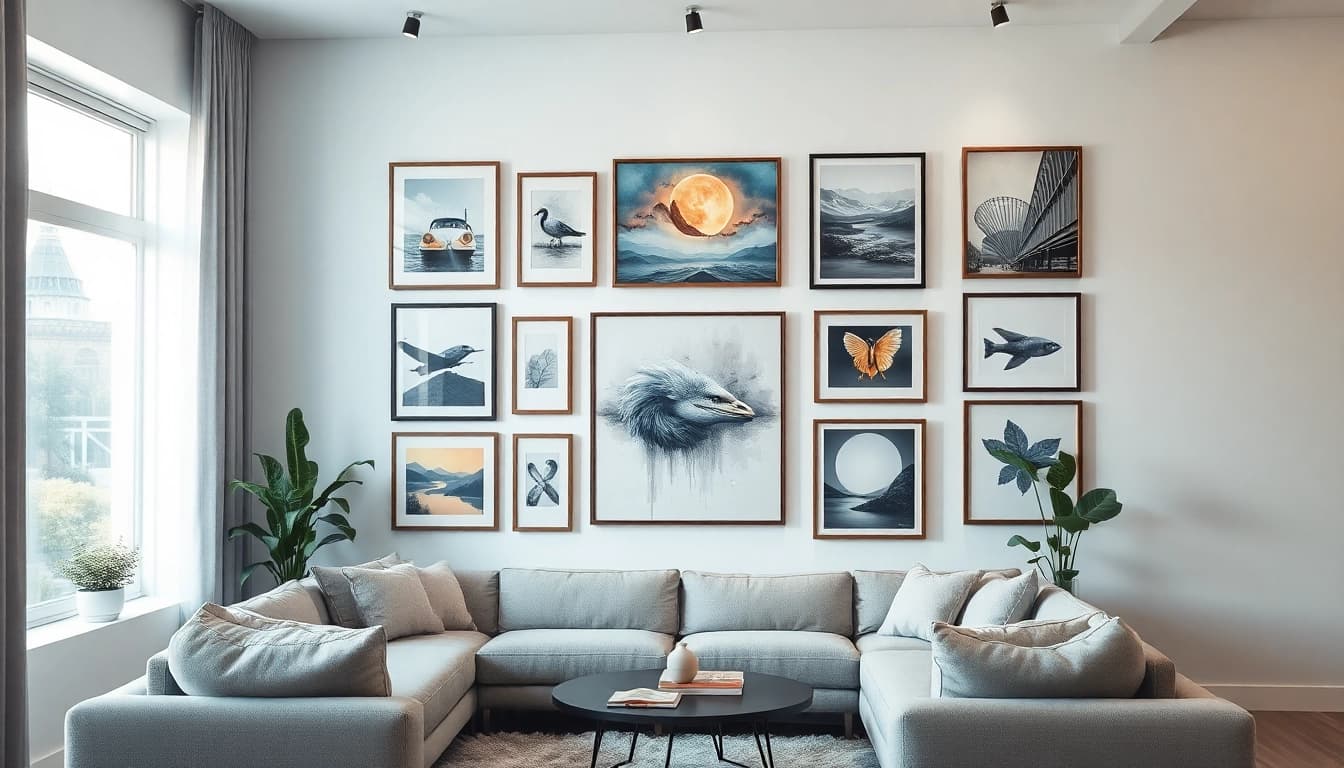 Inspirierende wandbilder, die perfekt in einem modernen Wohnzimmer platziert sind.