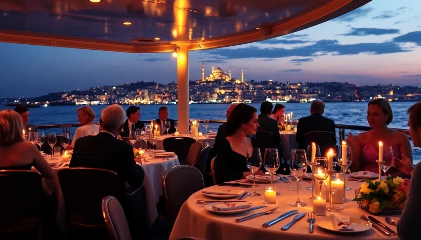 Bosphorus dinner cruise mit elegant gekleideten Gästen und großartiger Stadtansicht.