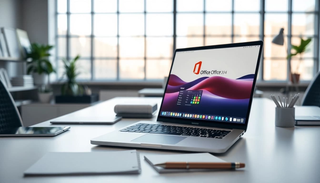 Verwenden Sie Microsoft Office Mac 2024 Business Edition in einem modernen Arbeitsplatz mit elegantem Ambiente.