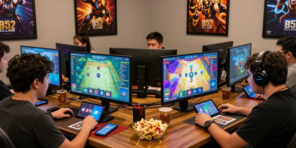 Engaged players enjoying card games at https://b52club.radio.fm/ with vibrant graphics and a cozy atmosphere.