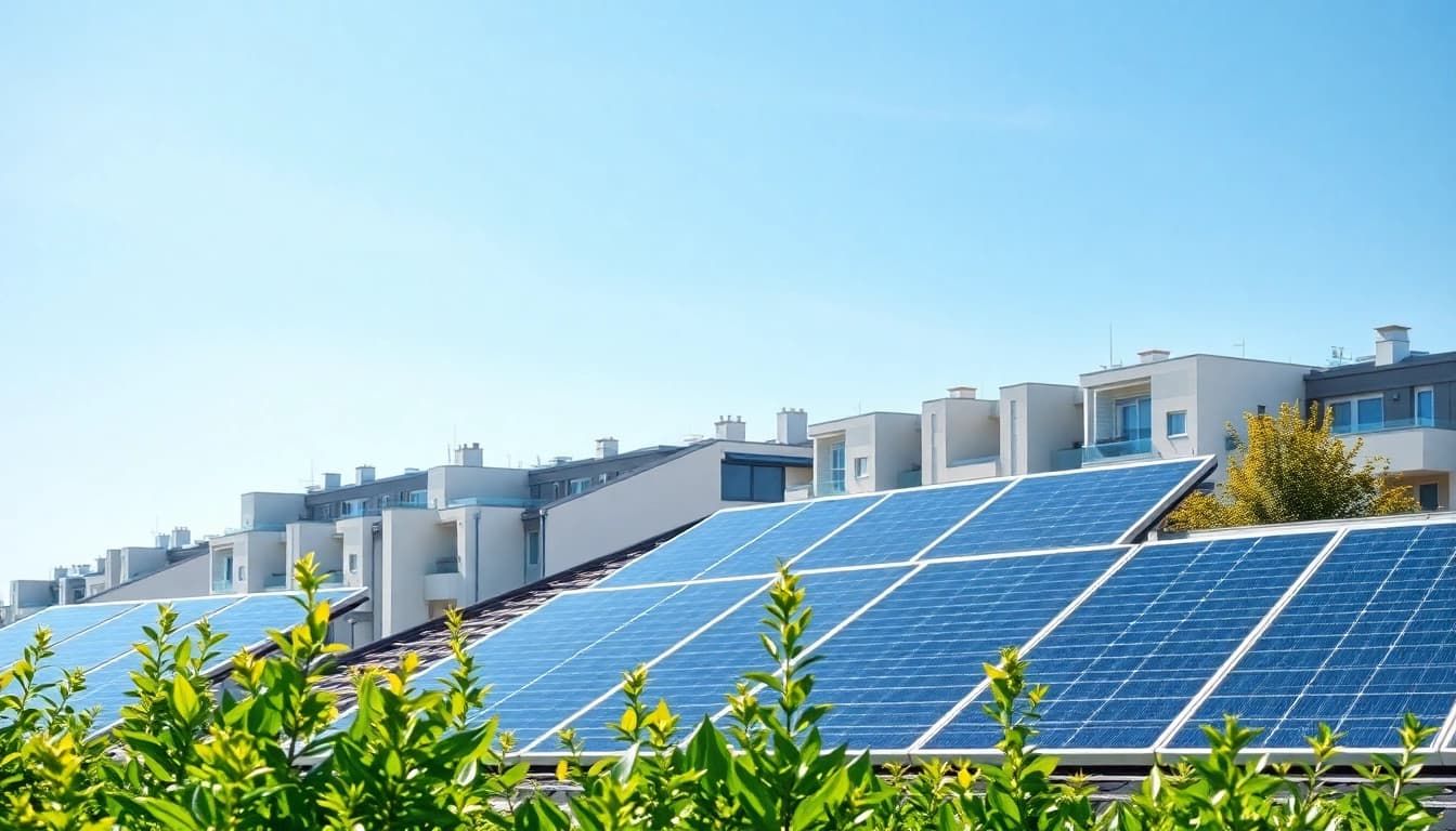Installieren von Pv anlagen wien auf modernen Dächern in Wien mit strahlendem Sonnenlicht.