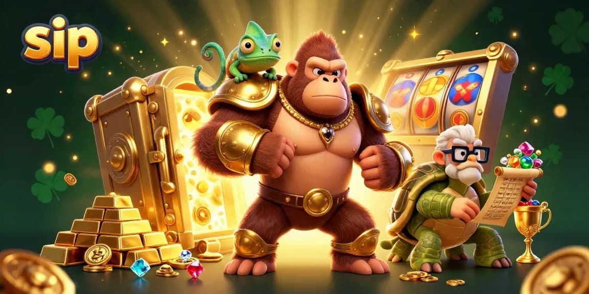 Sip features a powerful gorilla king and friends surrounded by dazzling casino treasures.