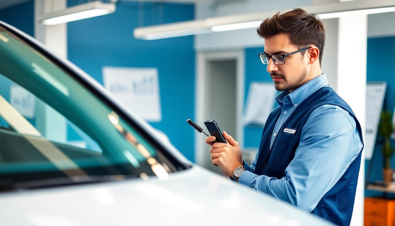 Kfz Gutachter Düsseldorf analysiert Schäden an Fahrzeug in hellem Büro.