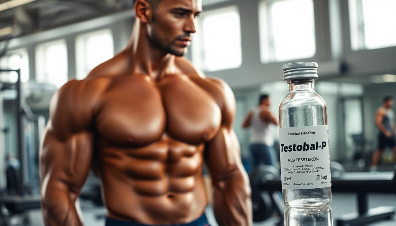 Testobal-P Testosteron Propionate displayed prominently, showcasing fitness and muscle development.
