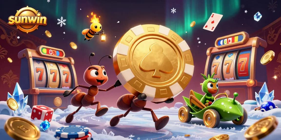 Ants in a heist with golden poker chips at sunwin, showcasing vibrant casino elements.