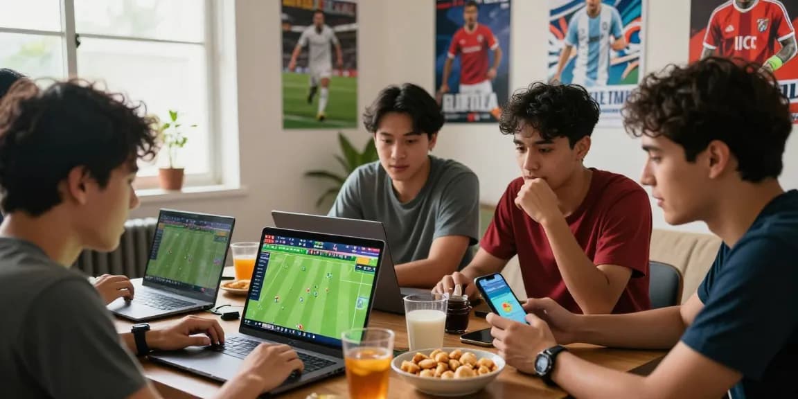Aktivitas judi bola online dengan teman di sekitar laptop, membahas strategi pertandingan.