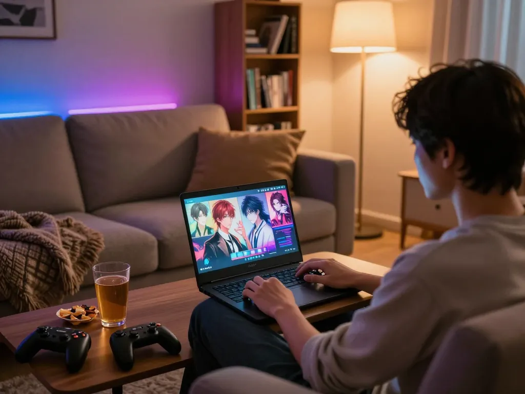 Cozy living room scene with person playing sexgames on a laptop, vibrant graphics and snacks around.