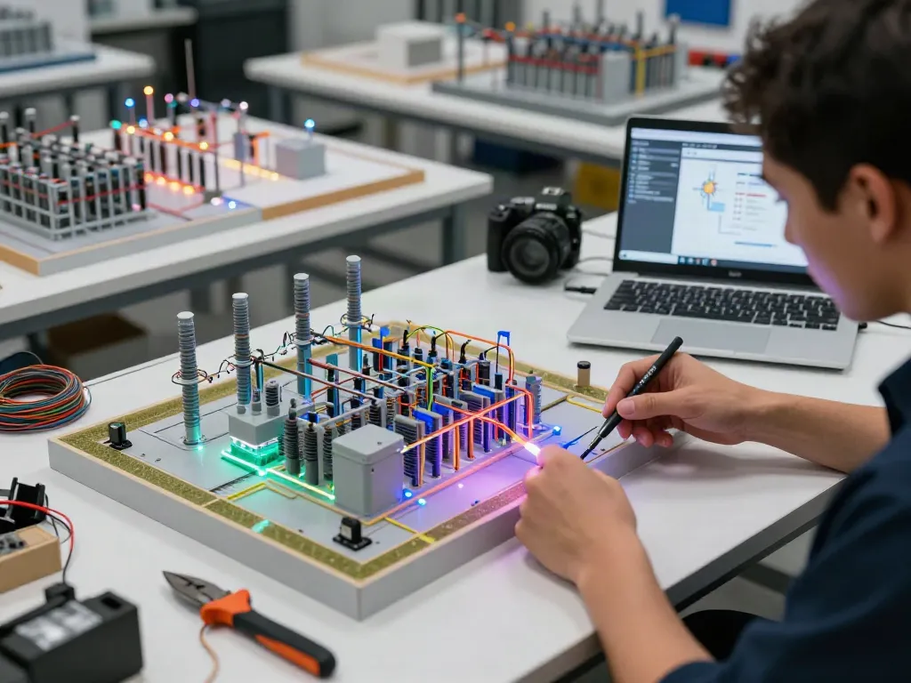 Impression vom Funktionsmodellbau eines Umspannwerks mit LED-Beleuchtung und präzisen Werkzeugen im Werkstattumfeld.