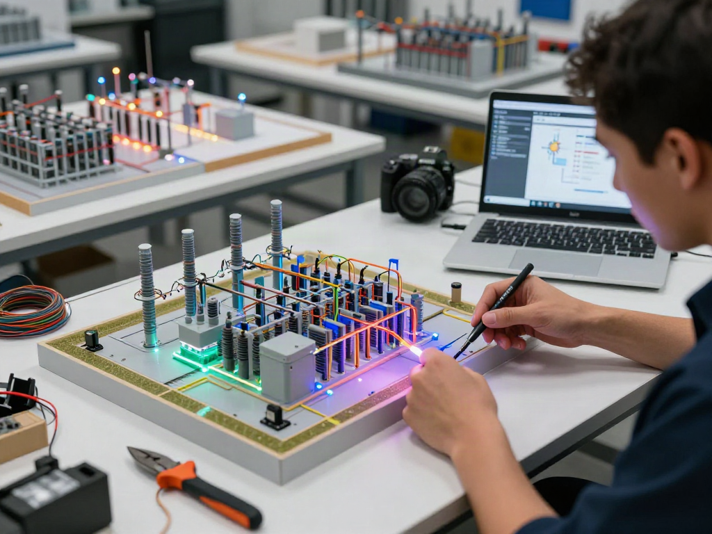 Impression vom Funktionsmodellbau eines Umspannwerks mit LED-Beleuchtung und präzisen Werkzeugen im Werkstattumfeld.
