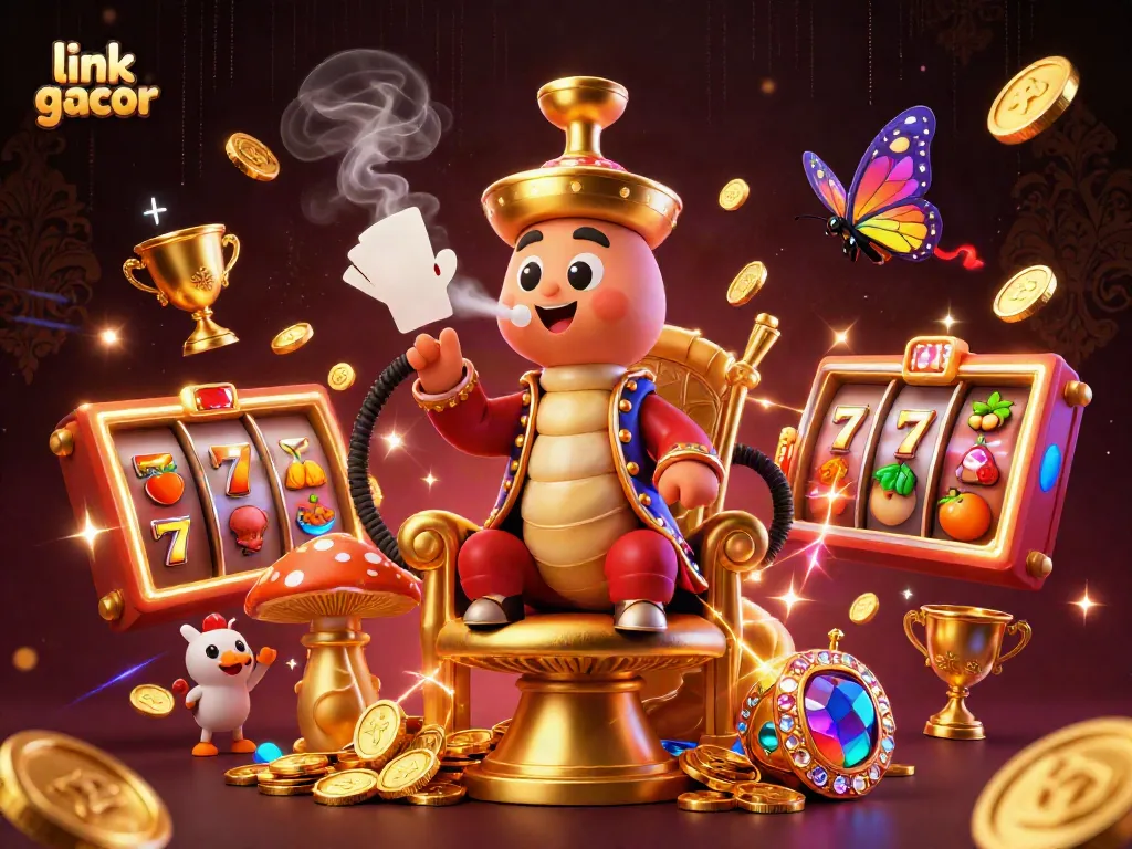 Experience the thrill of winning with link gacor as you encounter vibrant slot machine symbols and an enchanting caterpillar character.