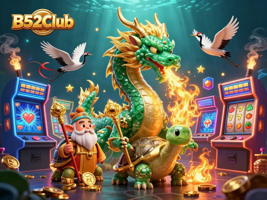 Engage with B52Club's dynamic casino adventure featuring a jade dragon, lucky cranes, and vibrant gaming elements.