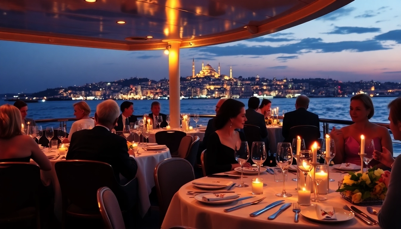 Bosphorus dinner cruise mit elegant gekleideten Gästen und großartiger Stadtansicht.