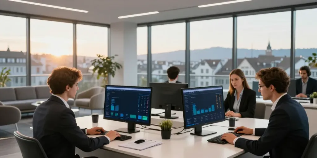 Immobilienmakler Zürich, professionelle Beratung in modernem Büro, digitale Marktanalysen.