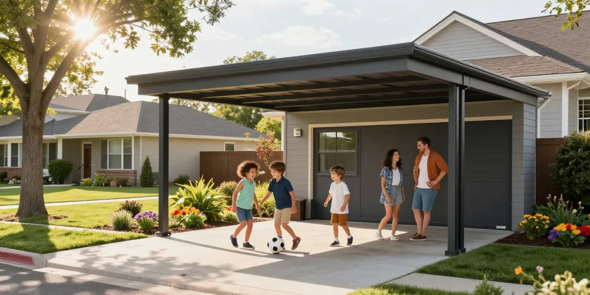 Moderner Carport in einem einladenden Garten, Familie genießt Zeit im Freien.