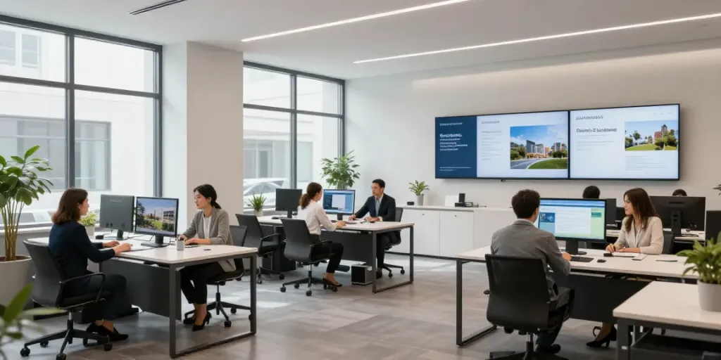 Immobilienmakler Augsburg: modernes Büro, innovative Technologien, Kundenberatung