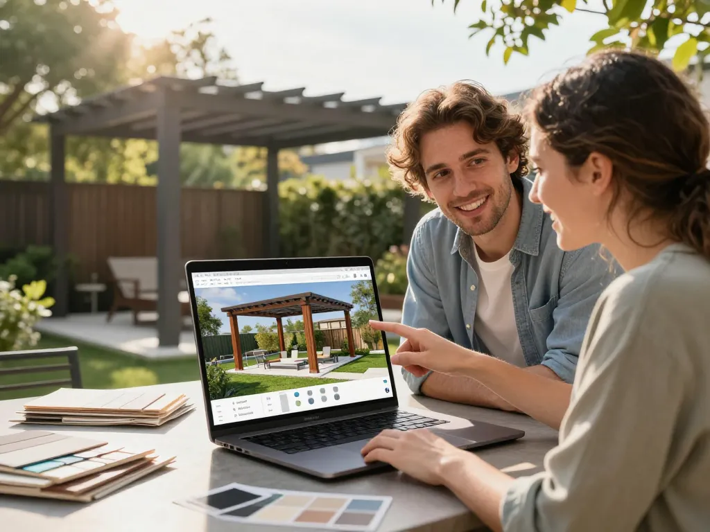 Interagieren Sie mit dem Pergola Konfigurator, während ein Designer mit Kunden zusammenarbeitet, um ihren Außenbereich in 3D zu visualisieren.