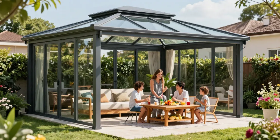 Elegante freistehende Terrassenüberdachung in einem Garten mit Familie, die unter dem Dach Zeit verbringt.