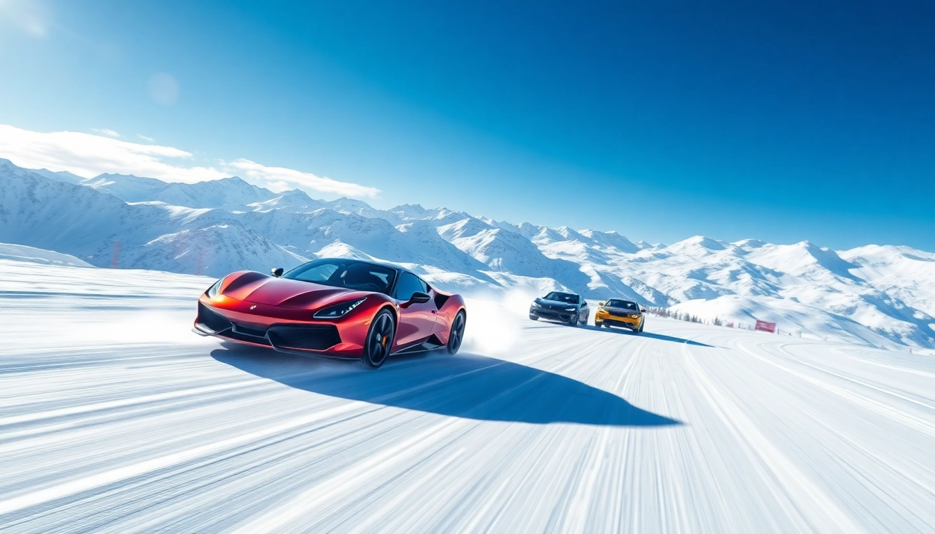 Der beeindruckende Auto Kufen gleitet über die verschneite Piste, umgeben von majestätischen Bergen.