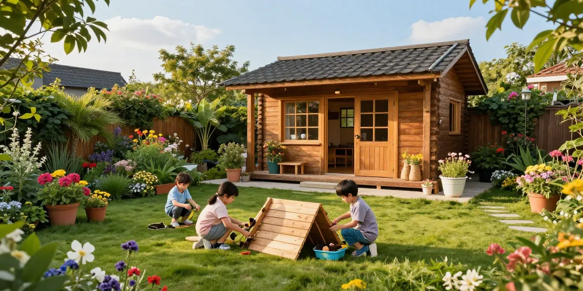 Garten Haus in einer blühenden Gartenlandschaft mit Familie beim Spielen und Gärtnern.