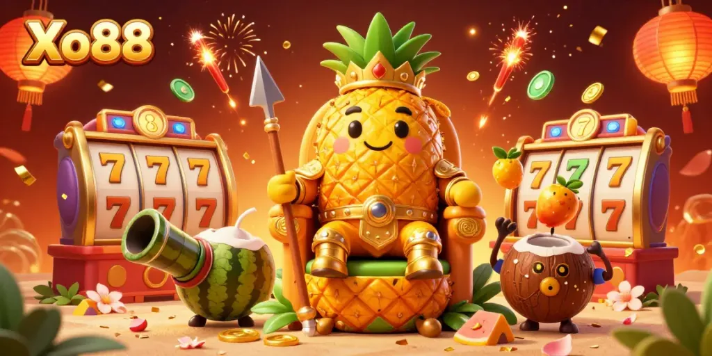 Experience thrilling gameplay with Xo88 in an ultra-detailed 3D casino illustration featuring a golden pineapple king.