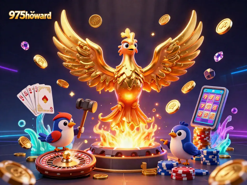 Experience thrilling wins at 975howard casino, featuring a vibrant phoenix, coins, and dynamic gaming elements.