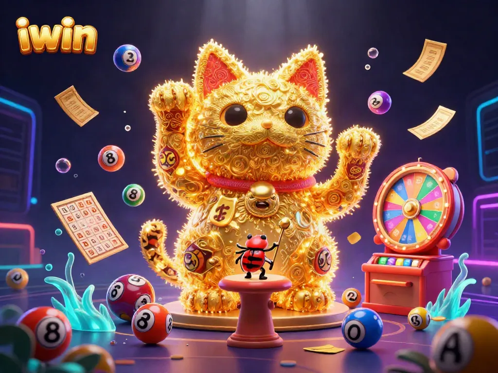 Engage in thrilling iwin lottery games with vibrant visuals of lucky symbols and dynamic prize elements.