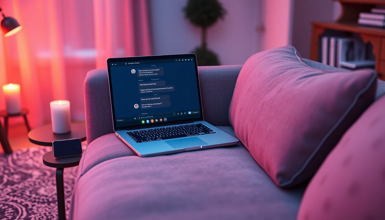 AI sexting scene with a chatbot on a laptop in a cozy room
