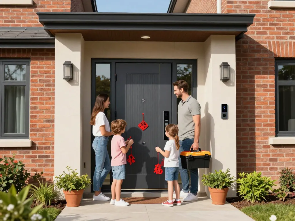 Eine Familie installiert freudig ihre neue Haustür, die einen einladenden Eingang und intelligente Funktionen präsentiert.