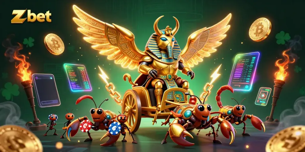Engage with z bet in a vibrant scene featuring a phoenix beetle chariot amid dynamic cryptocurrency elements.