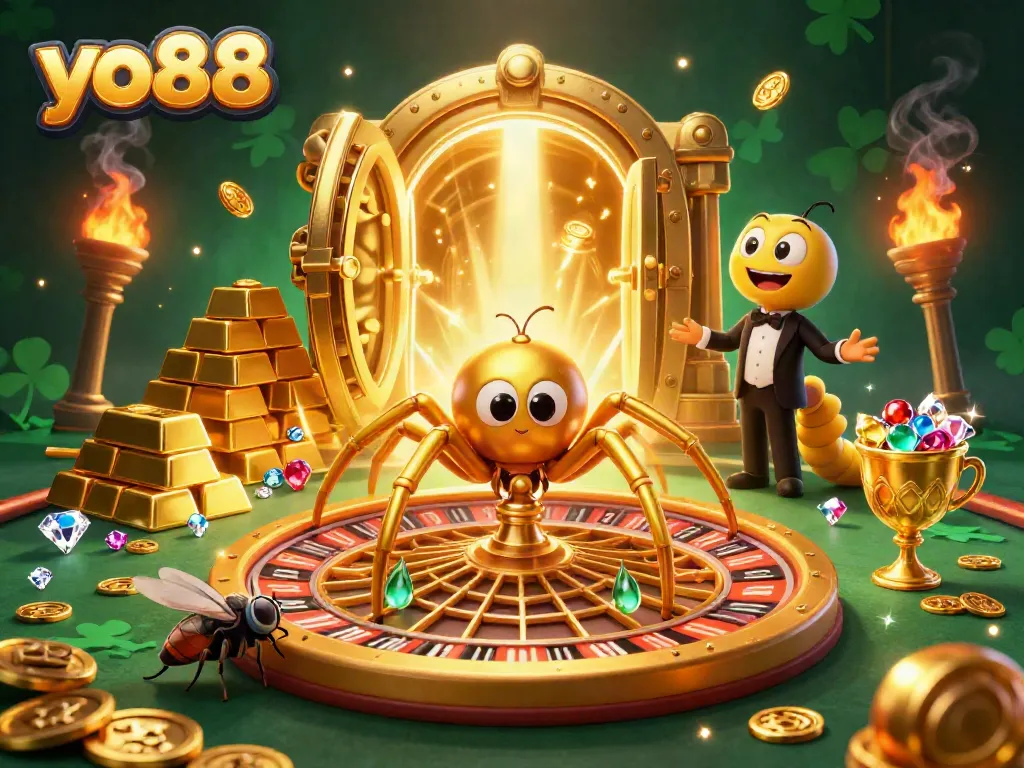 Betting at yo88 with a golden spider roulette web and a centipede croupier in a vibrant casino scene.