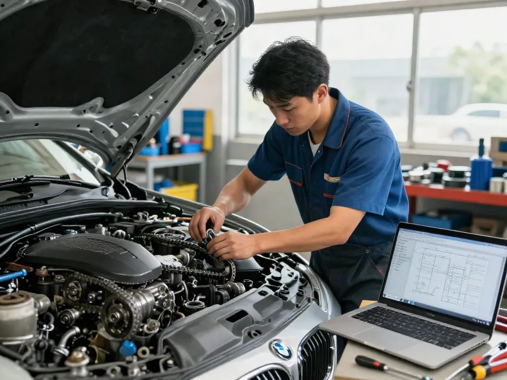 Professioneller Mechaniker beim BMW Steuerkette wechseln in einer hellen Werkstatt.