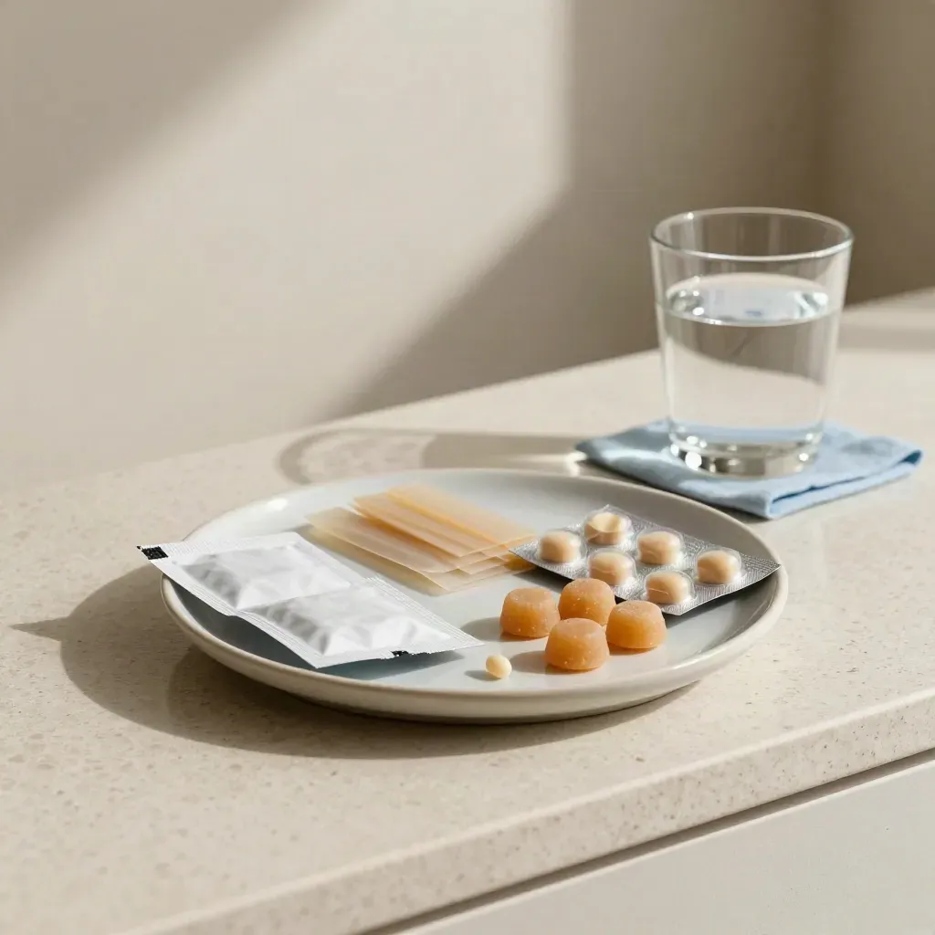 Nikotinpflaster, Kaugummi und Lutschtabletten auf Keramikplatte neben Wasserglas.
