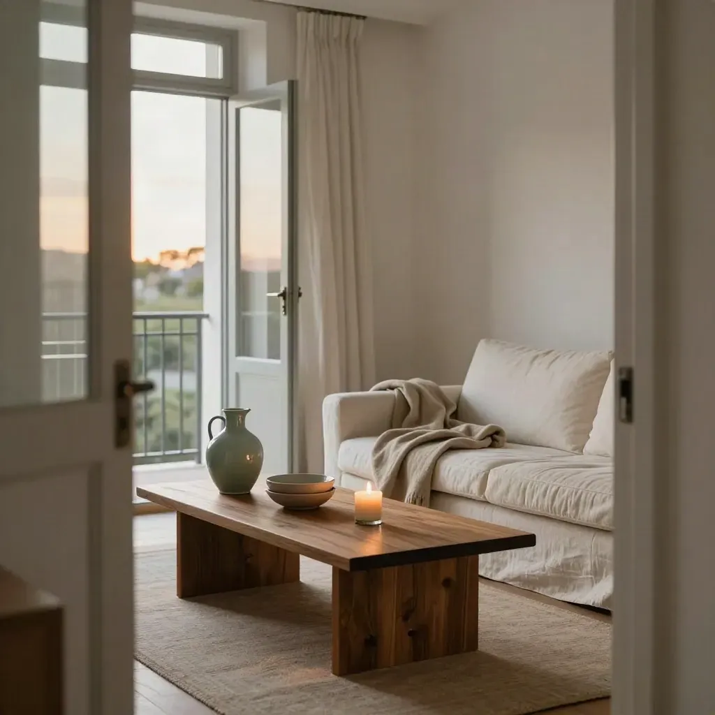 Ruhiges Wohnzimmer am Abend mit offenem Fenster, geschlossener Balkontür und aufgeräumtem Couchtisch.