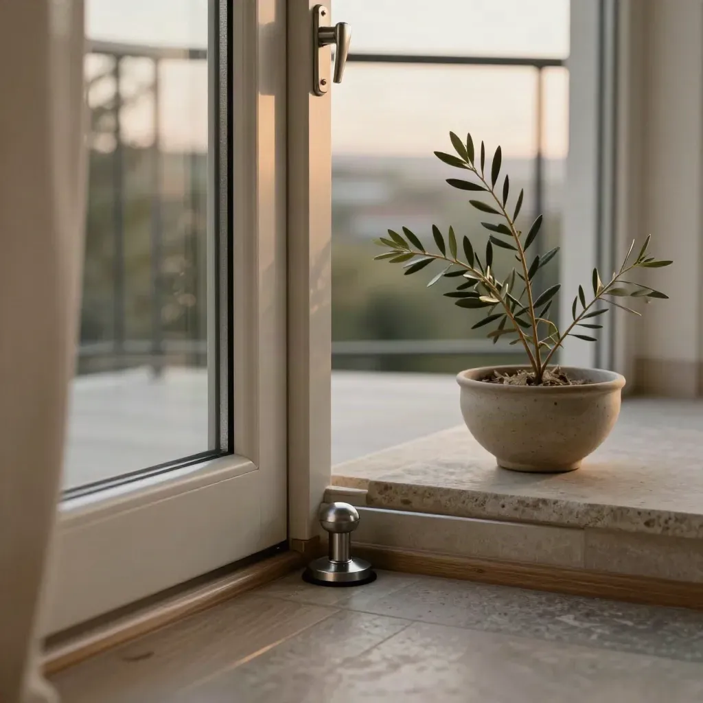 Balkontür mit Zugluftstopper, Fenstergriff und Pflanzenschale auf der Schwelle.