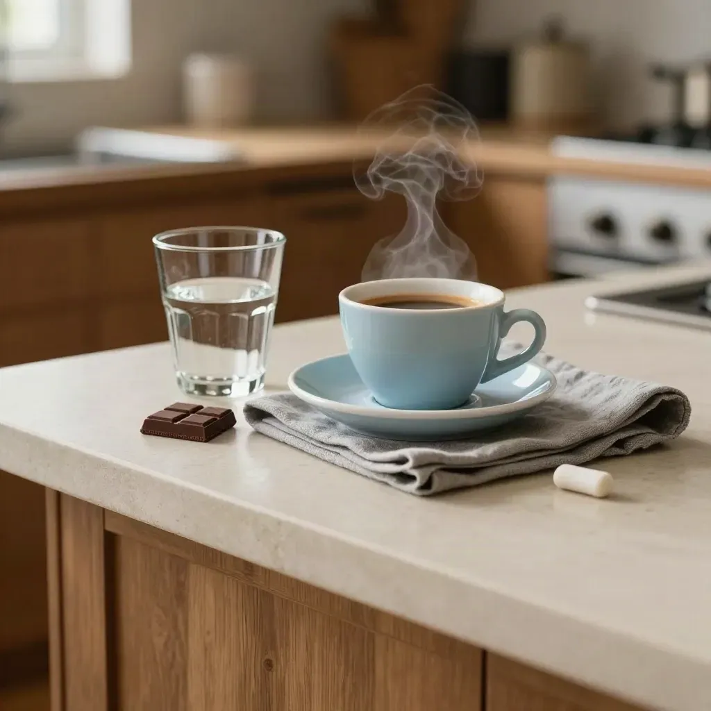 Espressotasse, Wasserglas, Schokolade und Kaugummi auf ruhiger Frühstücksfläche im warmen Morgenlicht.