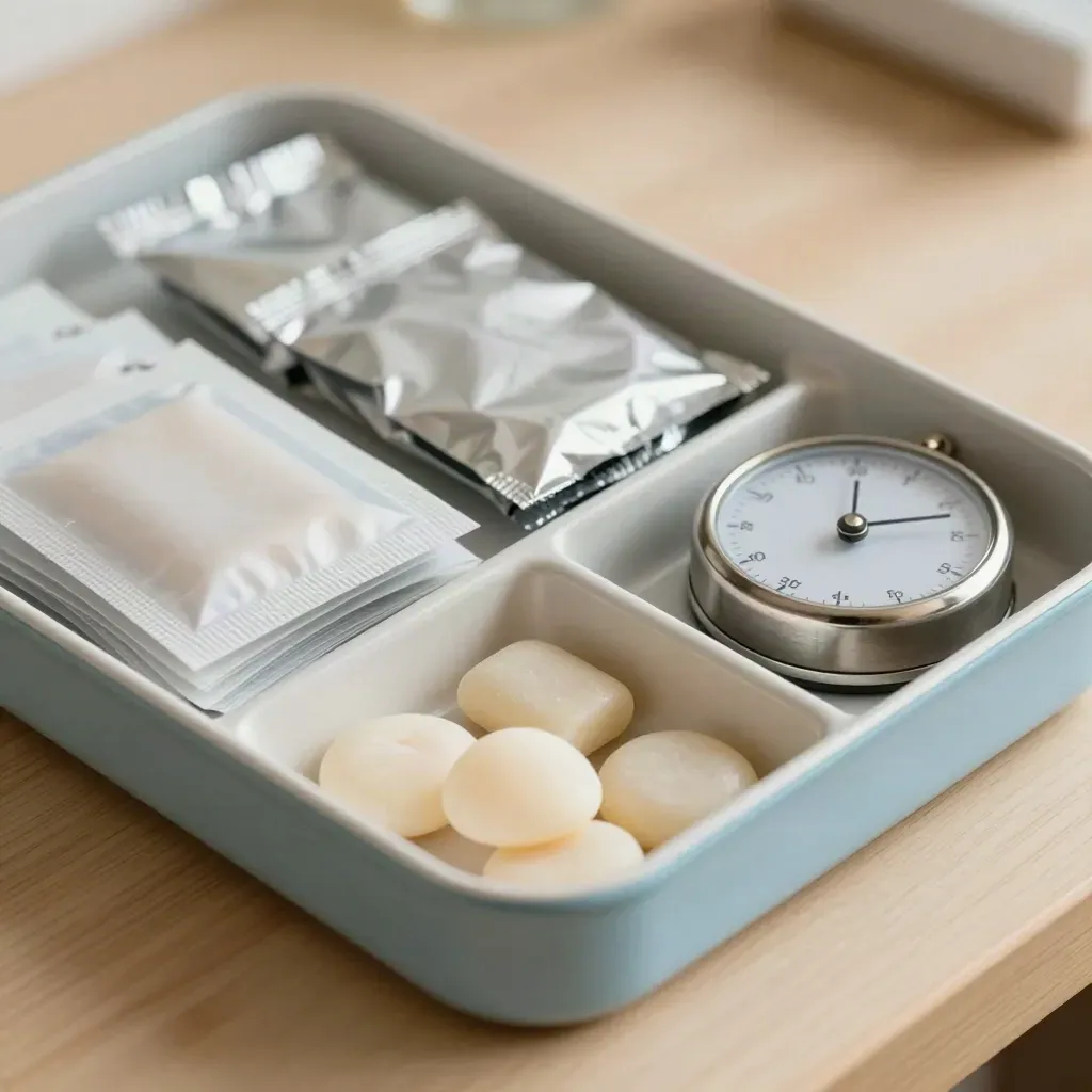 Offene Sortierbox mit Nikotinpflastern, Kaugummis, Lutschtabletten und Metalltimer auf hellem Holz.