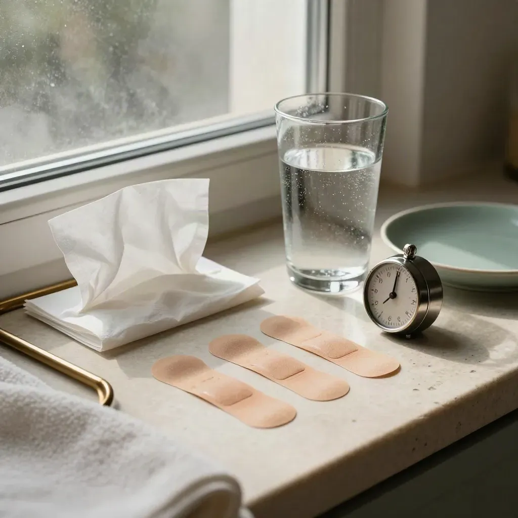 Rauchfrei-Set mit Pflastern, Wasser, Tüchern und Timer auf einer hellen Küchenfensterbank.