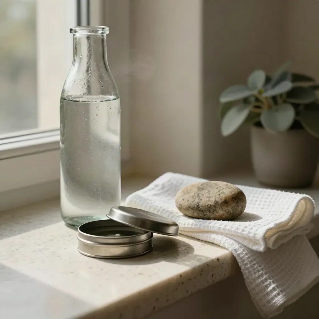 Wasserflasche, Lutschtabletten-Dose und warmer Stein auf hellem Fensterbrett