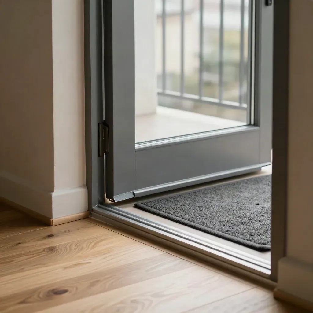 Geschlossene Balkontür mit Türkeil, Dichtungsband und Schuhmatte in einer rauchfreien Wohnung