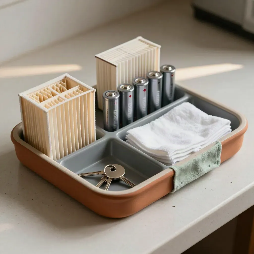 Sauber sortiertes Materialfach mit Filtern, Batterien, Tüchern und Schlüsselring auf Terrakotta.