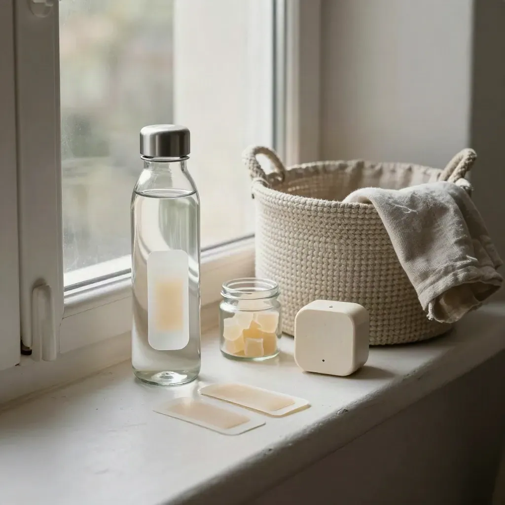 Fensterbank mit Wasserflasche, Pflastern, Kaugummi und Timer neben einem Stoffkorb.