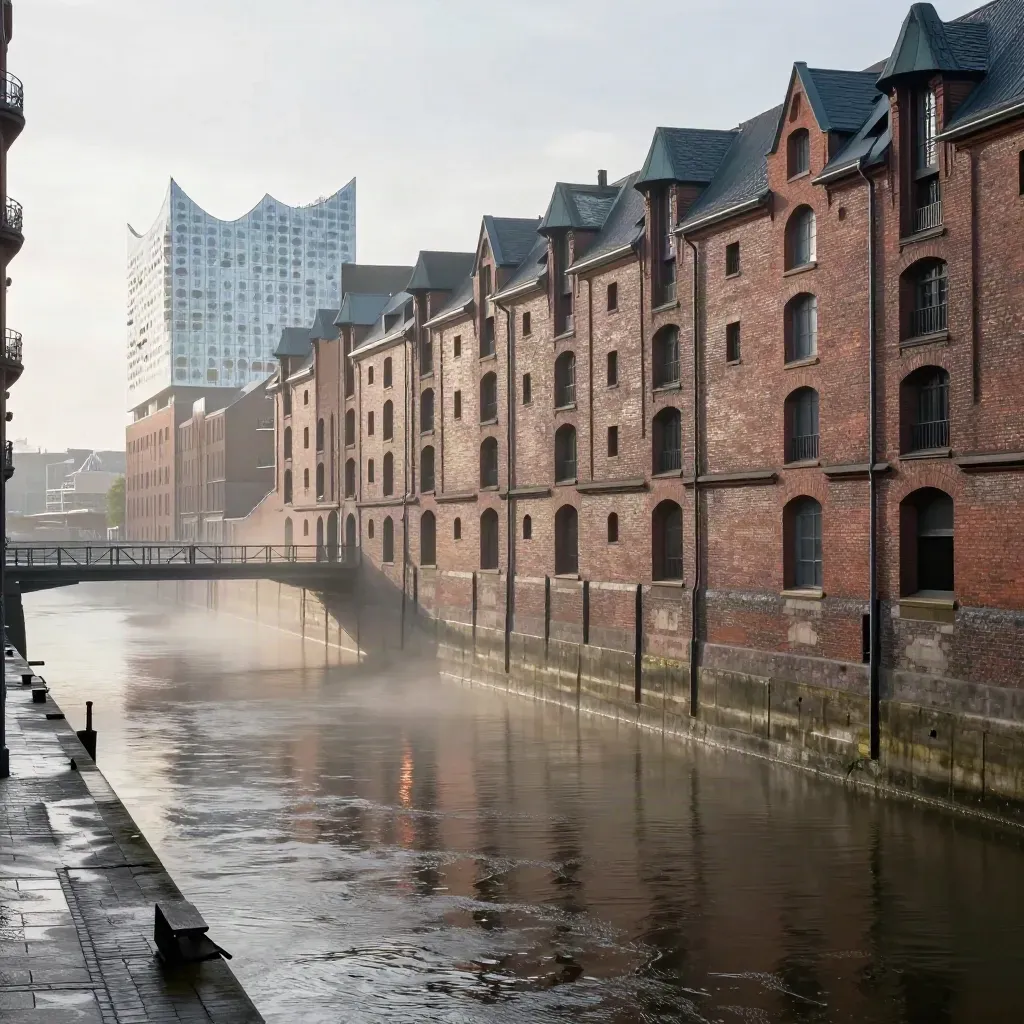 Speicherstadt mit Wasserläufen, Nebel und Elbphilharmonie im Hafenlicht.