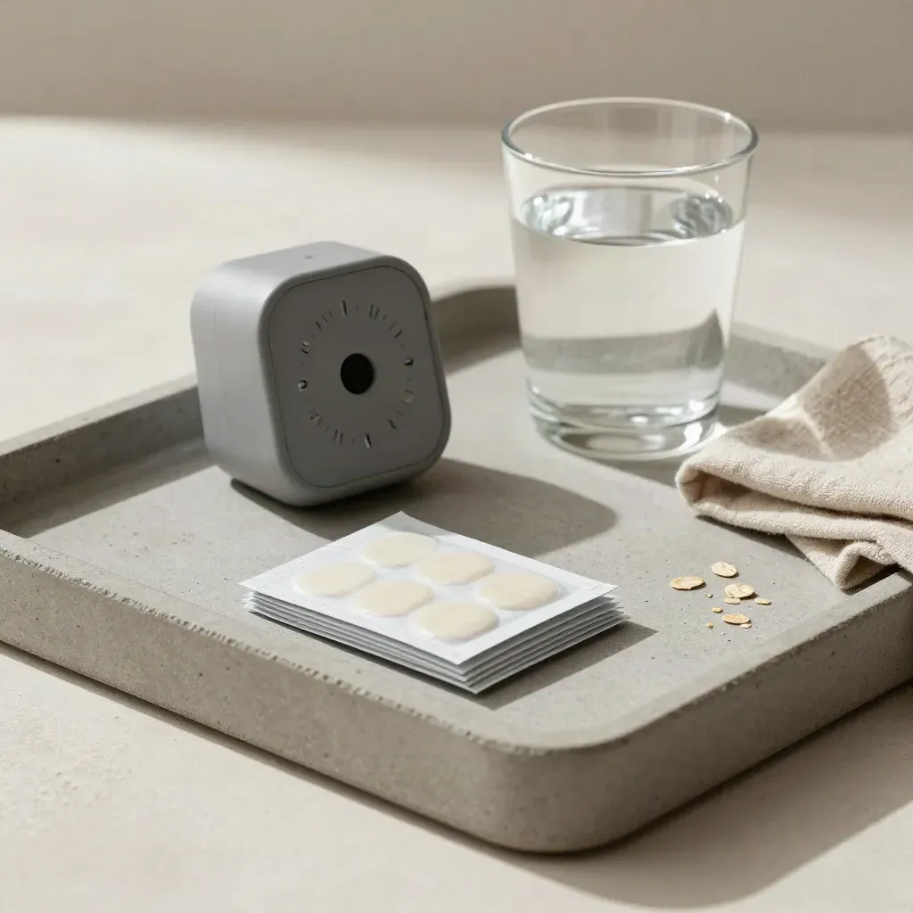 Timer, Wasser und Pflaster auf einem Steintablett mit gefalteter Stoffserviette