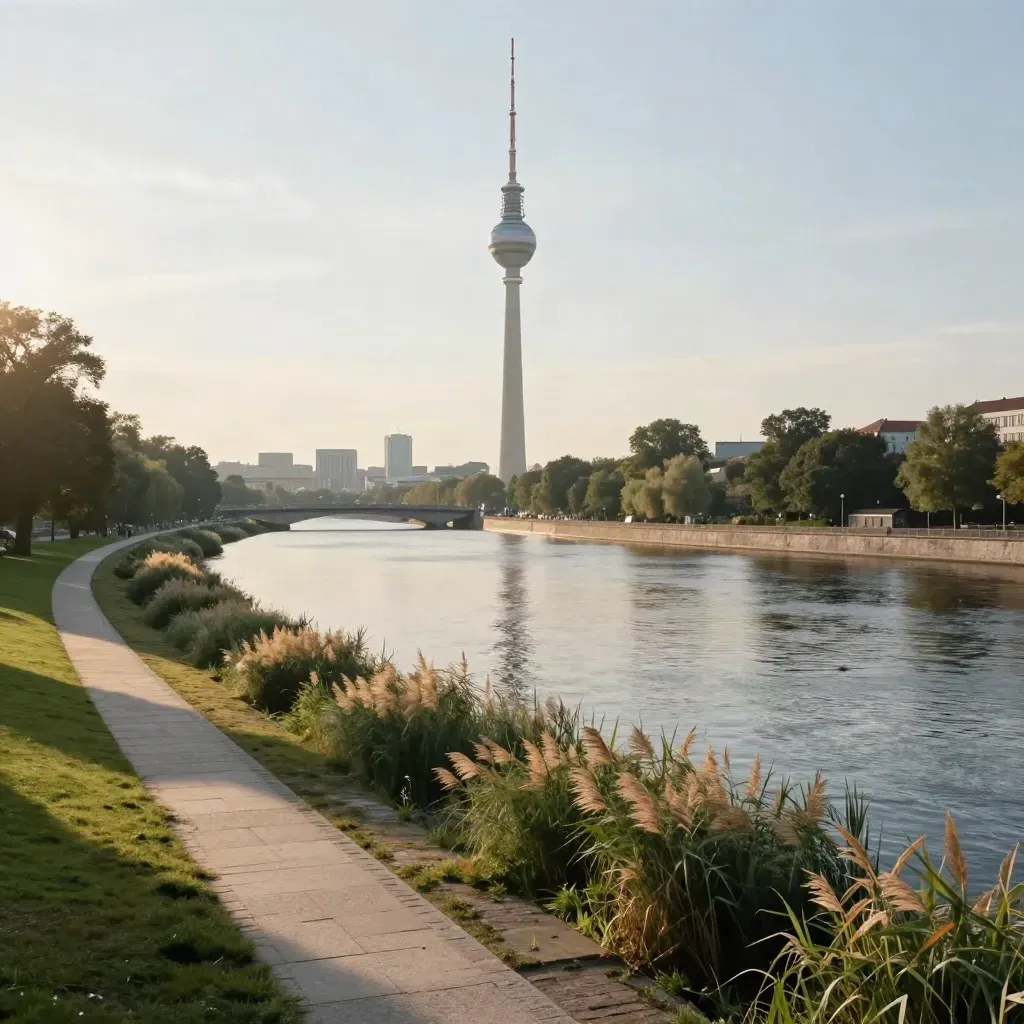Berliner Fernsehturm über der Spree im goldenen Abendlicht mit ruhiger Park- und Wasserfläche.