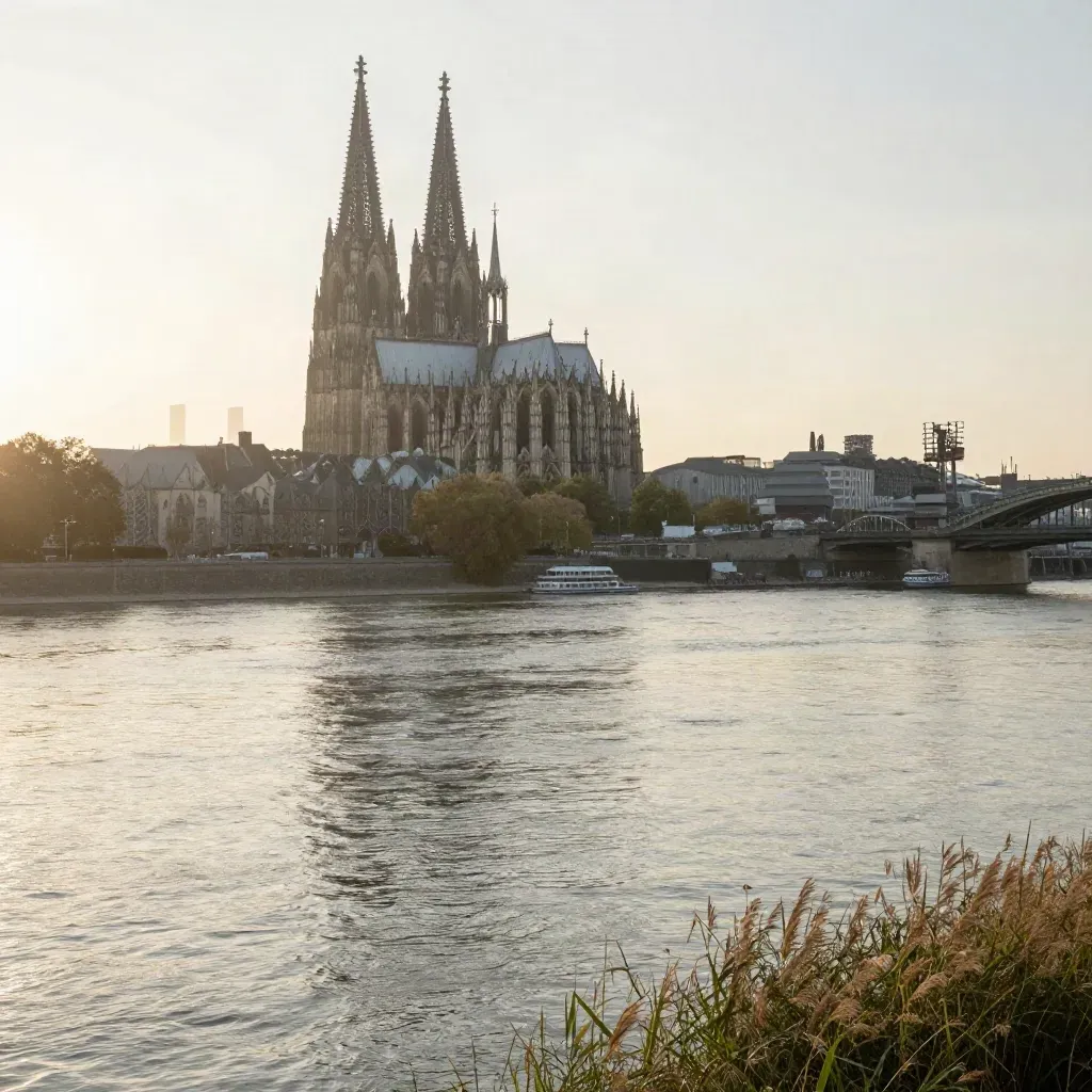 Kölner Dom über dem ruhigen Rhein im goldenen Abendlicht, mit weiter Uferlinie und Dunst.