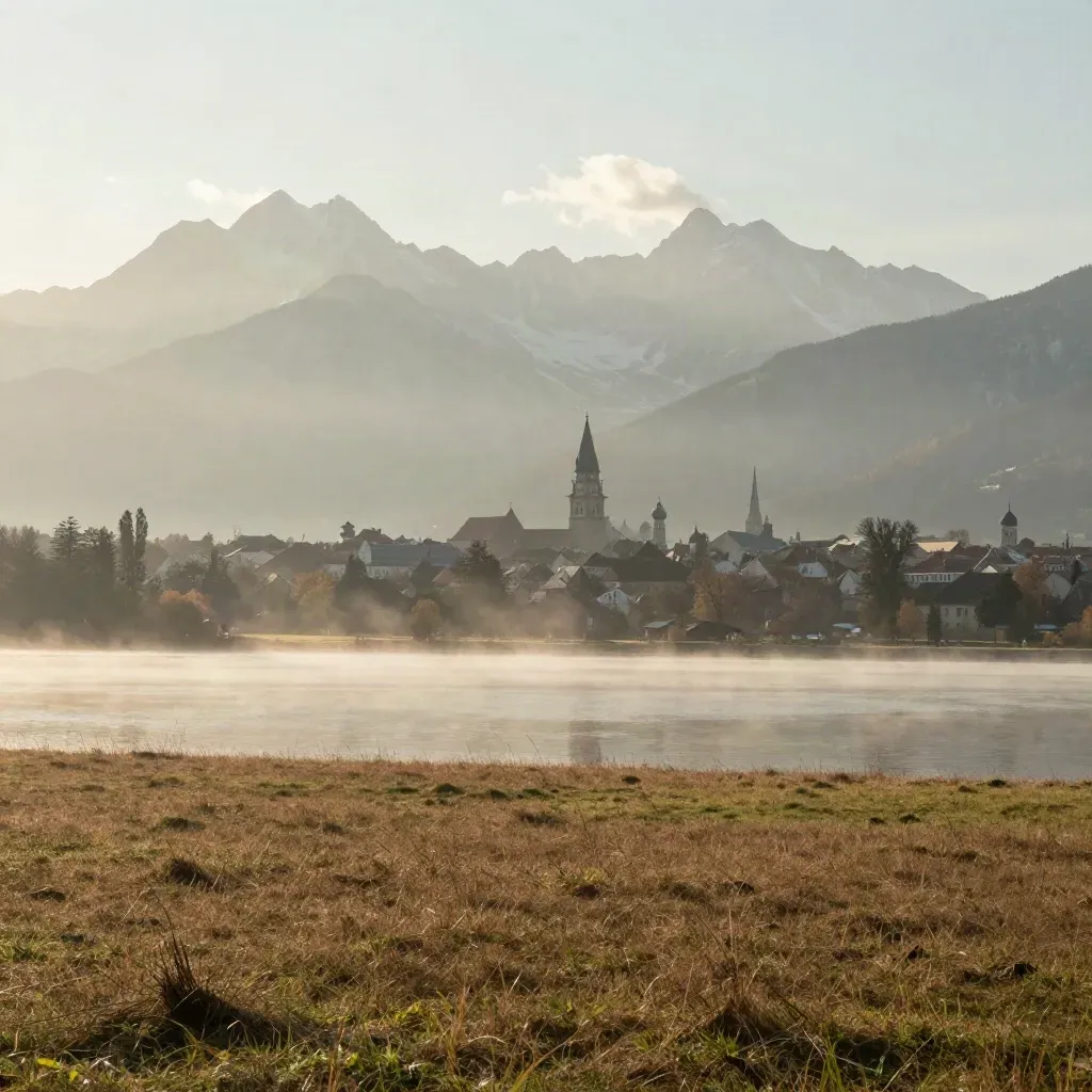 Münchner Silhouette mit Alpen im Dunst über stiller Wiese und ruhigem Seeufer.