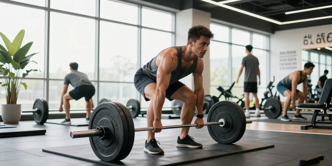Bodybuilder im Selliza Shop, der im Fitnessstudio mit intensiver Konzentration trainiert.