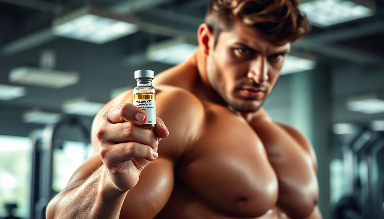 Sustanon 250 kaufen: Ein sportlicher Athlet präsentiert stolz eine Fitness-Szene mit Bizeps und vial.