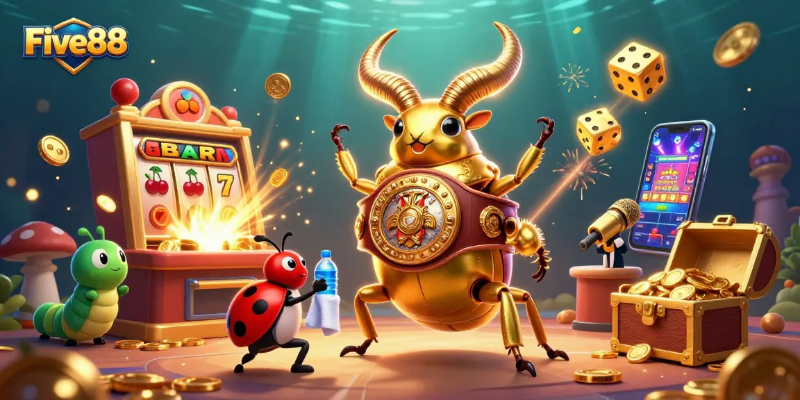 Experience thrilling gameplay at Five88 with vibrant 3D casino scene featuring a giant beetle champion.
