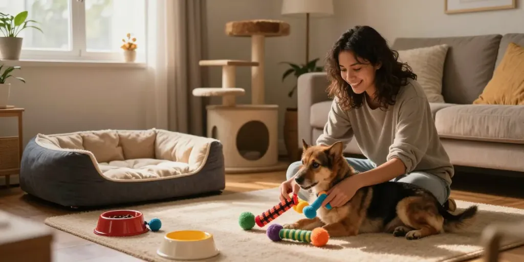 Zubehör für Haustiere: Heimische Szene mit Hund, Zubehör und liebevollem Spiel.